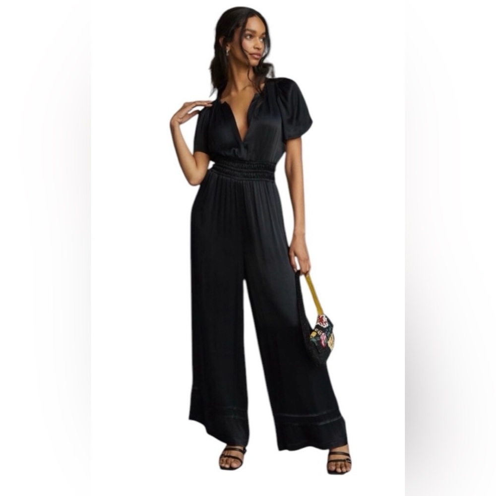Anthropologie Satin Somerset Black Jumpsuit with V-Neck and Wide-Leg Pants